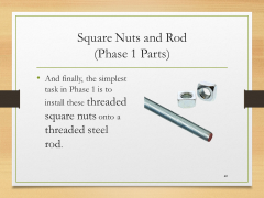 Square Nuts and Rod(Phase 1 Parts)• And finally, the simplest task in Phase 1 is to install these threaded square nuts onto a threaded steel rod.