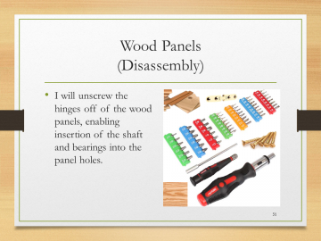 Wood Panels(Disassembly)• I will unscrew the hinges off of the wood panels, enabling insertion of the shaft and bearings into the panel holes.