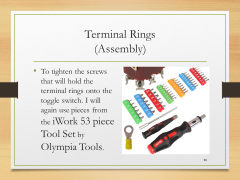 Terminal Rings(Assembly)• To tighten the screws that will hold the terminal rings onto the toggle switch. I will again use pieces from the iWork 53 piece Tool Set by Olympia Tools.