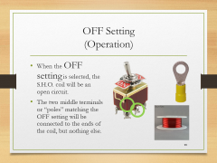 OFF Setting(Operation)• When the OFF setting is selected, the S.H.O. coil will be an open circuit.• The two middle terminals or “poles” matching the OFF setting will be connected to the ends of the coil, but nothing else.