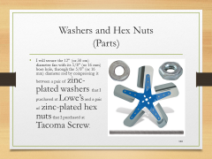 Washers and Hex Nuts(Parts)• I will secure the 12” (or 30 cm) diameter fan with its 5/8” (or 16 mm) bore hole, through the 5/8” (or 16 mm) diameter rod by compressing it between a pair of zinc-plated washers that I purchased at Lowe’s and a pair of zinc-plated hex nuts that I purchased at Tacoma Screw.