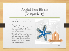 Angled Base Blocks(Compatibility)• Now it is time to insert the S.H.O. Drive into the crate!• By angling the base blocks by 45 degrees, the top of the fan area will be below the top of the crate.• The tilt of the base blocks will also promote ambient light scattering as well as make it harder to conceal any hidden parts.