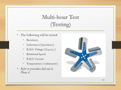 Multi-hour Test(Testing)• The following will be tested:• Resistance• Inductance [ f(position) ]• R.M.S. Voltage [ f(r.p.m.) ]• Rotational Speed• R.M.S. Current• Temperature [ +references ]• Refer to procedure laid out in Phase 4.
