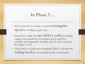 In Phase 3…• First on the list is to make a custom rectangular spool for winding copper wire.• Second is to make the two S.H.O. coils by winding copper wire around the rectangular spool, and then carefully (and separately) bending each of these coils into the shape of an S.• And third is to install each completed S.H.O. coil onto the ceiling hooks to be installed on the wood panels.